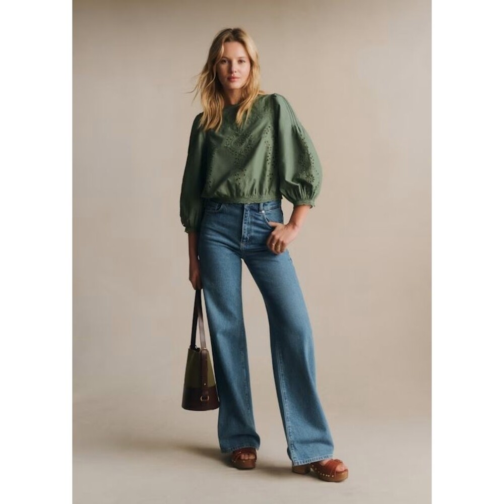 Sezane Enea Blouse Women's Top Eyelet Lace Embroidered Cotton Sage S-36 288882 - Picture 2 of 9